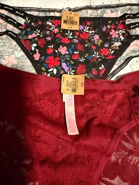 PINK Victoria's Secret three-Pack Bikini Panties - Black Floral & Burgundy
